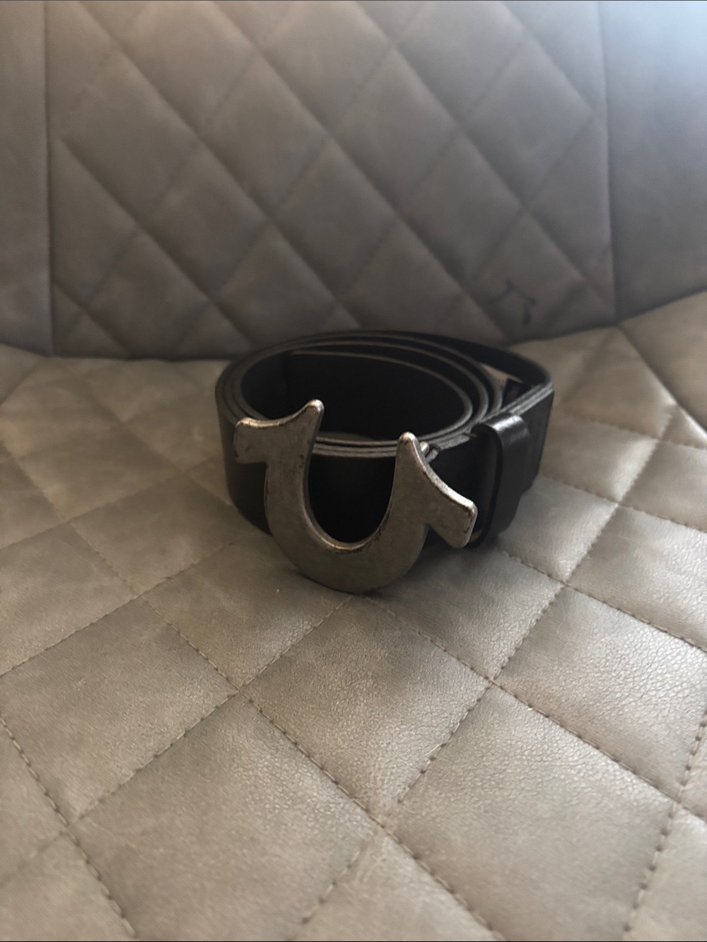 True Religion Men's Black Leather Belt with Silver Horseshoe Buckle Emblem